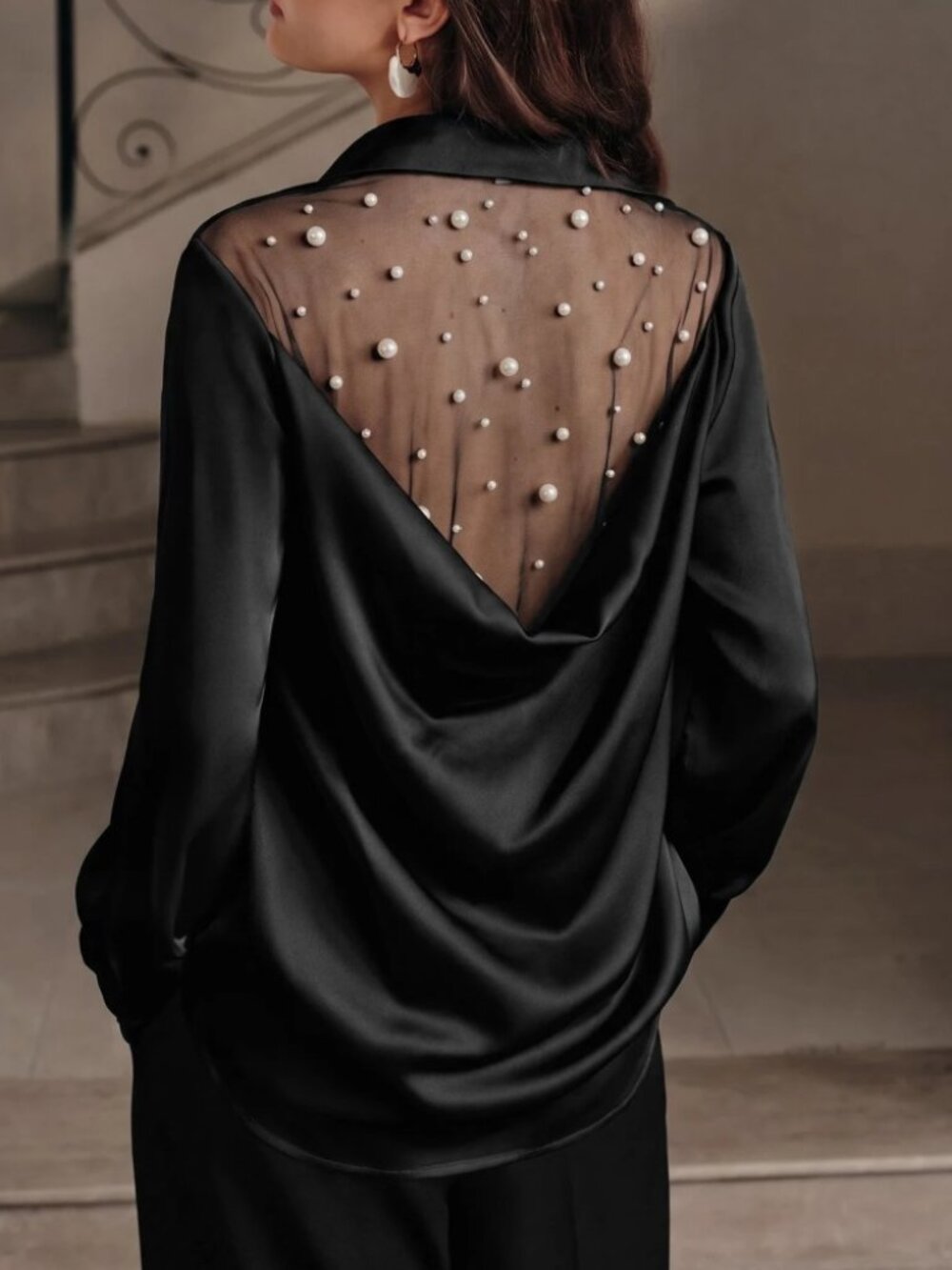 Black Satin Pearl Beaded Mesh Back Long Sleeve Button Up Blouse